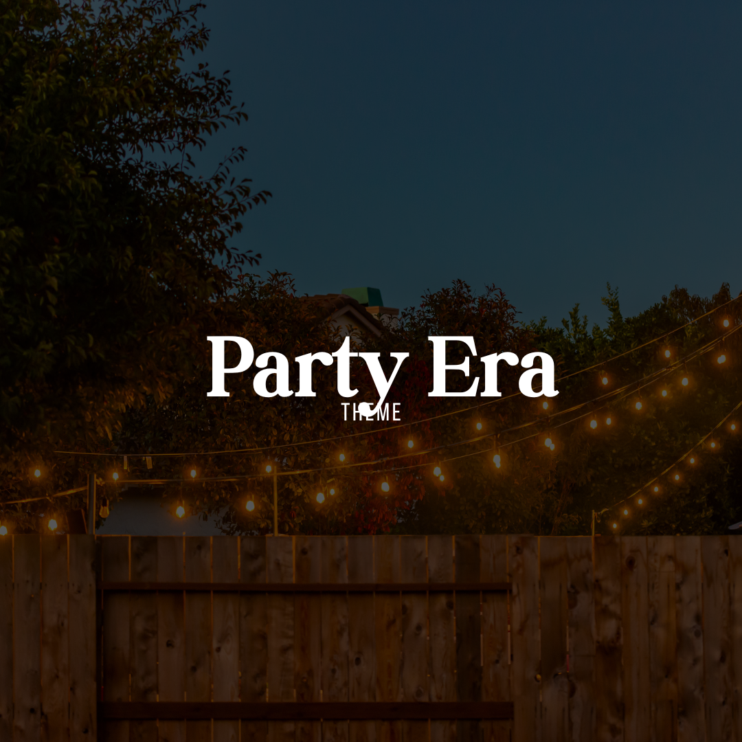 Party Era theme banner featuring string lights glowing over a wooden fence at an outdoor evening celebration – Miss Mafia