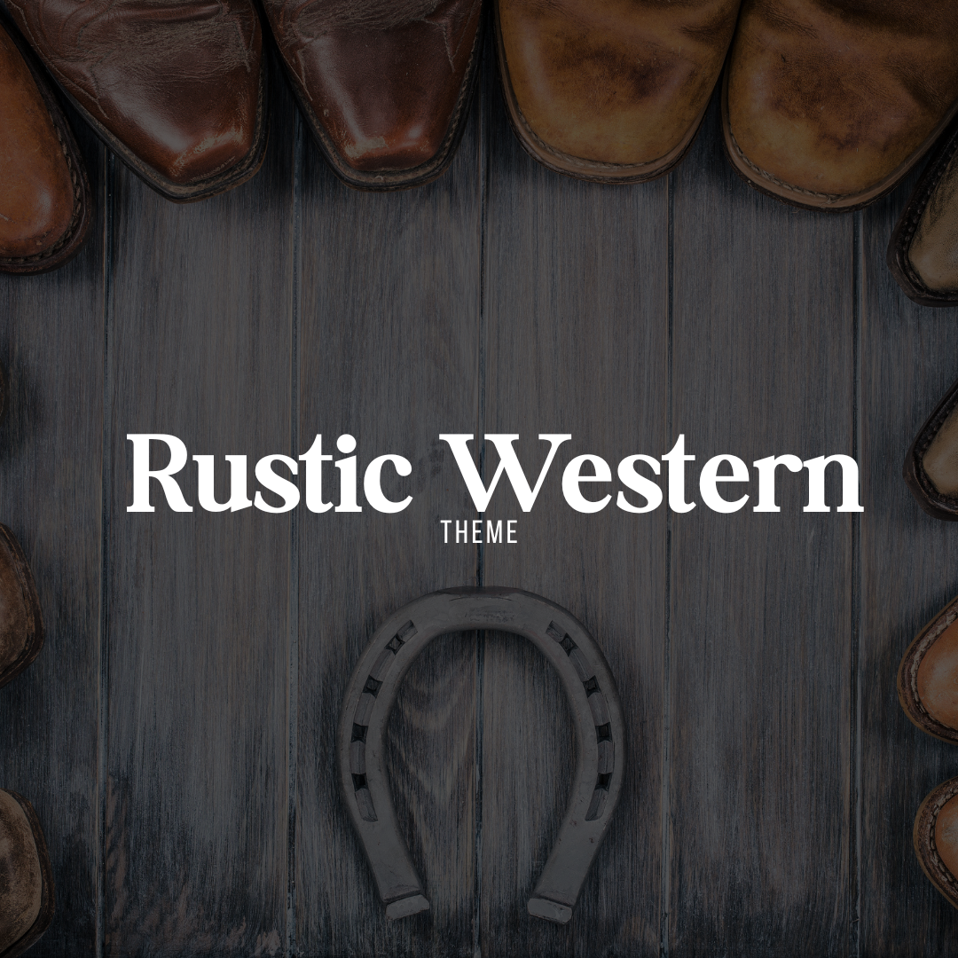 Rustic Western theme graphic with leather cowboy boots arranged in a circle around a horseshoe on a wooden floor – Miss Mafia