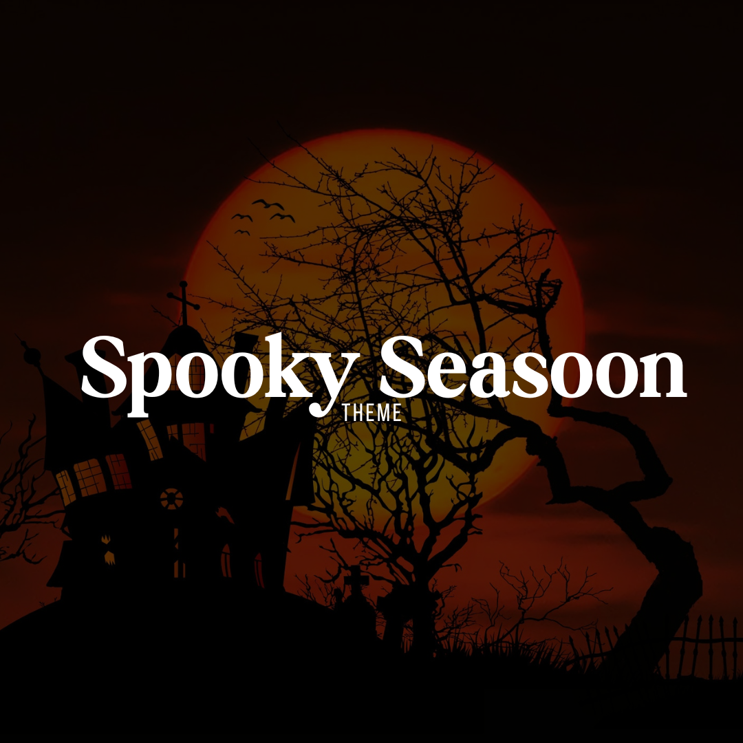 Spooky Season theme graphic with a haunted house, bare trees, and a glowing orange moon in the background – Halloween-themed collection banner for Miss Mafia