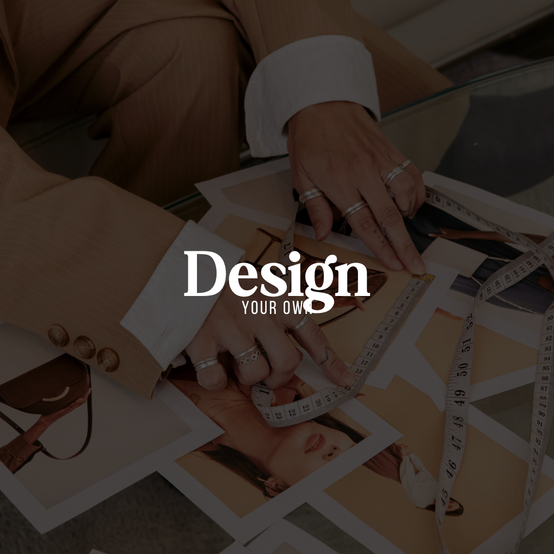 Hands styling a custom fashion concept with photos, measuring tape, and mood board – Miss Mafia design-your-own fashion service