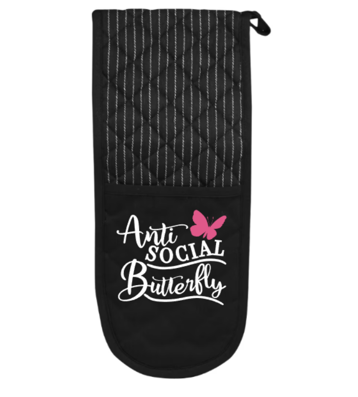Black oven mitt with 'Anti Social Butterfly' text and pink butterfly graphic on a white background