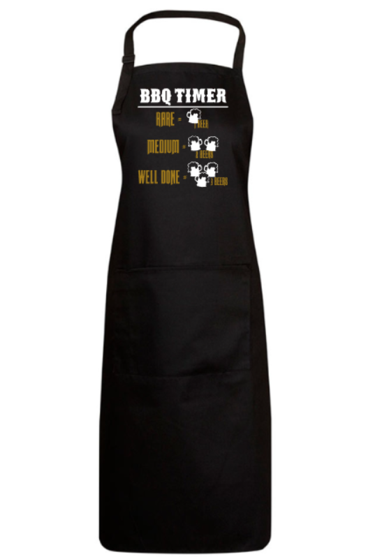 Black apron with BBQ timer graphic on a white background