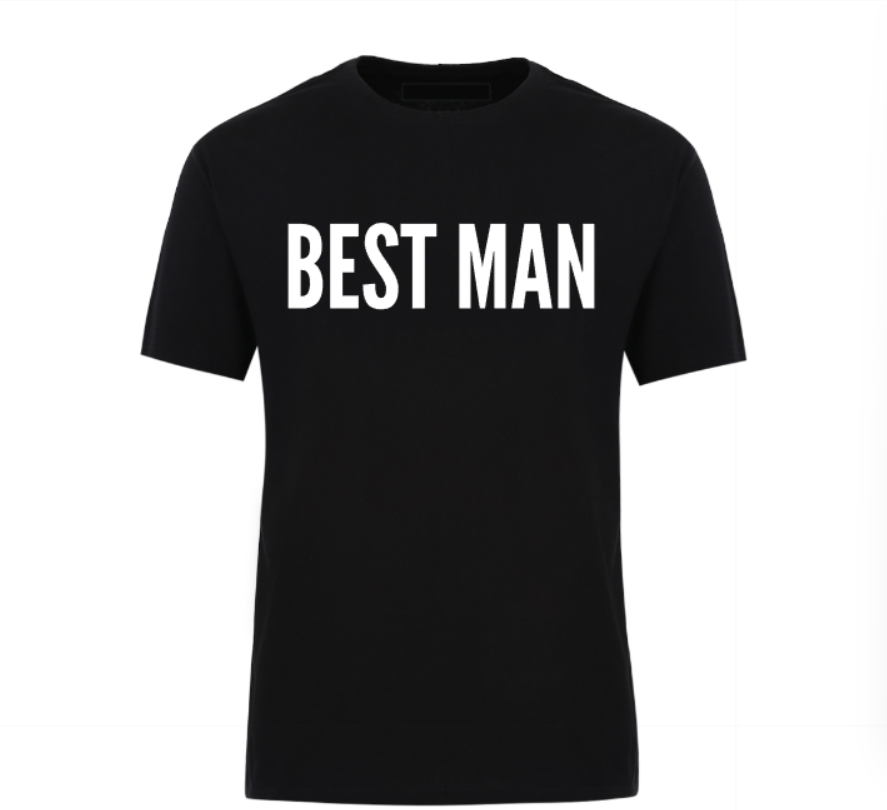 Black t-shirt with bold “Best Man” text, perfect for weddings, bachelor parties, and groomsmen gifts