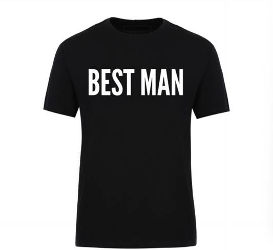 Black t-shirt with bold “Best Man” text, perfect for weddings, bachelor parties, and groomsmen gifts