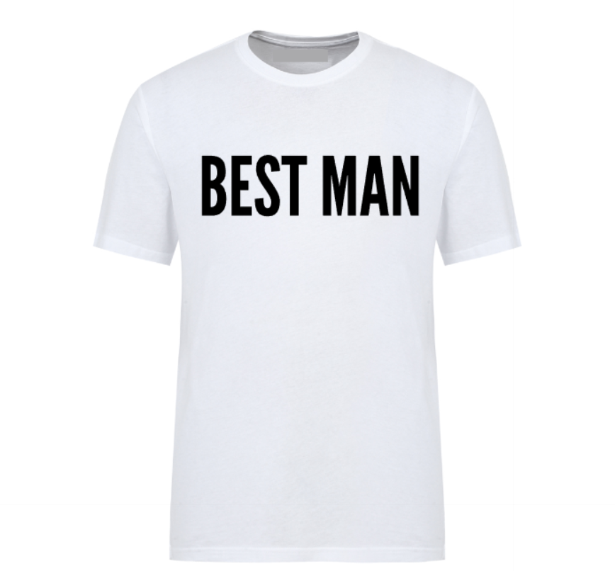 White t-shirt with bold “Best Man” text, perfect for weddings, bachelor parties, and groomsmen gifts