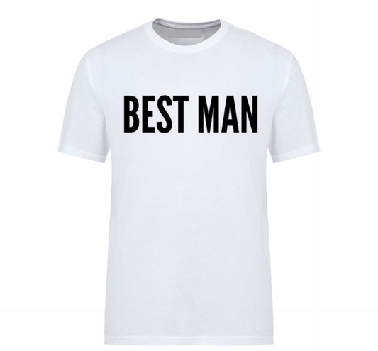 White t-shirt with bold “Best Man” text, perfect for weddings, bachelor parties, and groomsmen gifts