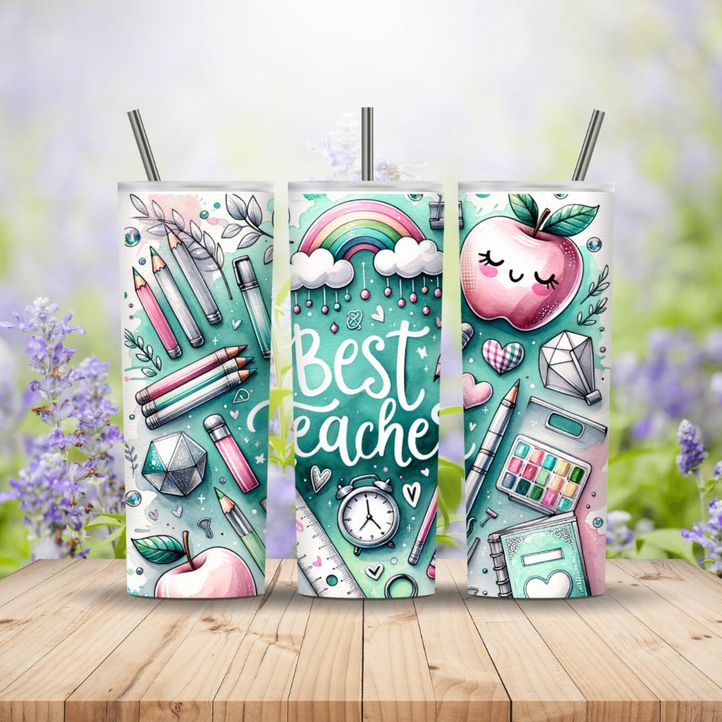Three colorful tumblers with teacher-themed designs on a wooden surface with a blurred floral background.