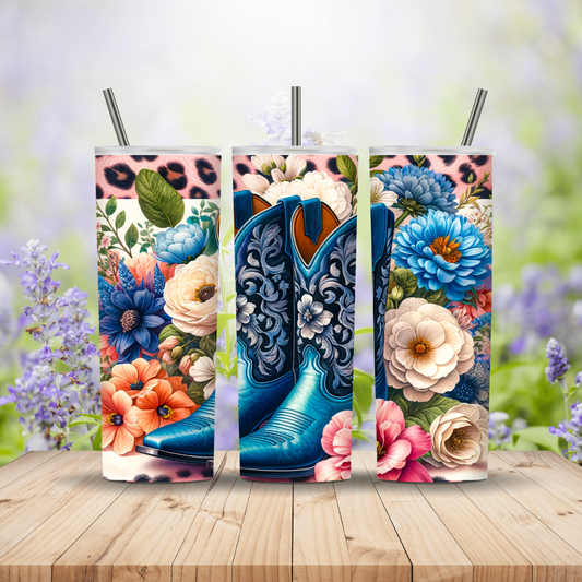 Western tumbler with turquoise boots, bold flowers, and pink leopard print – 20oz skinny drinkware