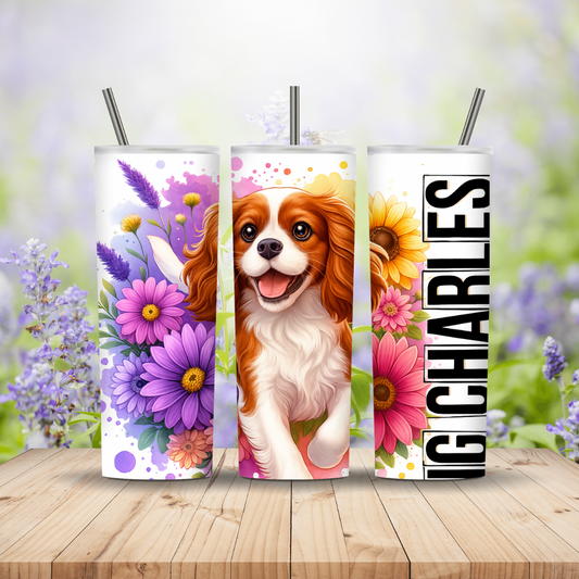 Three tumbler designs featuring a dog, flowers, and the name 'King Charles' on a wooden surface with a floral background. Miss Mafia