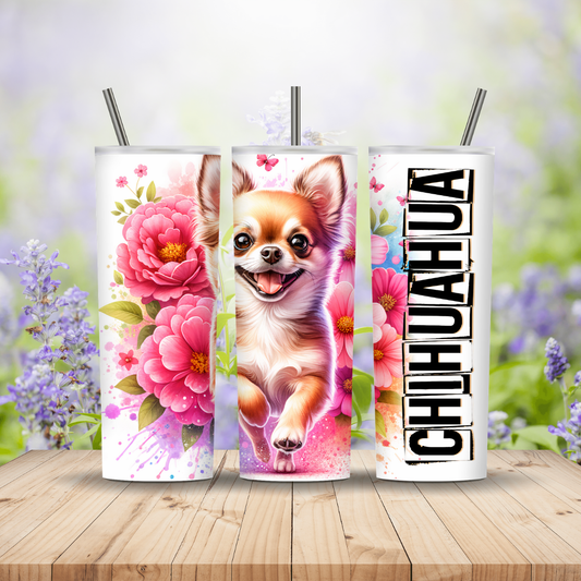 Three tumblers with floral and Chihuahua designs on a wooden surface with a blurred floral background. Miss Mafia