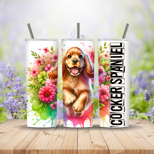 Three tumblers with a cocker spaniel design on a wooden surface with a floral background. Miss Mafia
