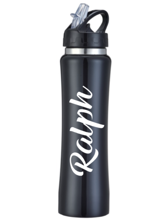 Black water bottle with 'Ralph' engraving on a white background