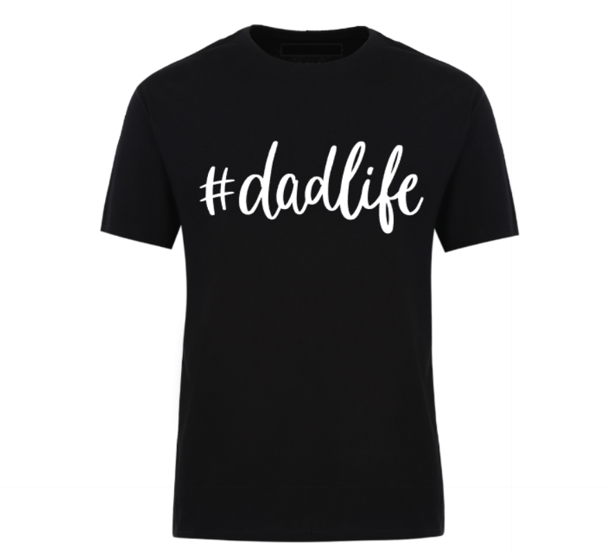 Black unisex t-shirt featuring bold text reading “#DadLife” – a perfect Father’s Day gift or everyday dad wear.