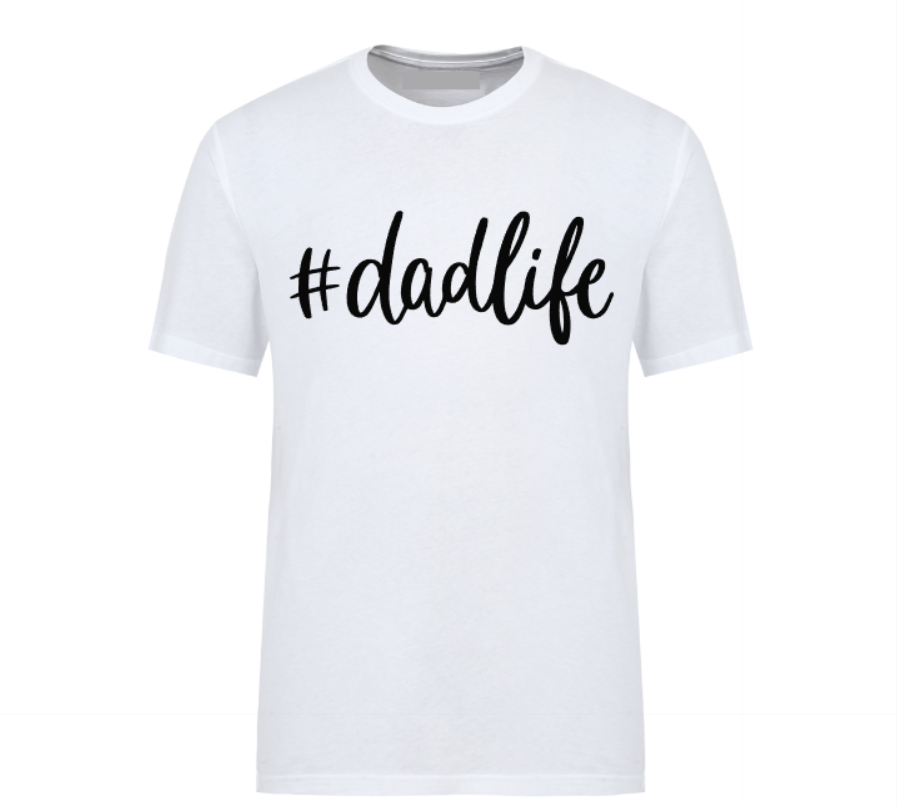 White unisex t-shirt featuring bold text reading “#DadLife” – a perfect Father’s Day gift or everyday dad wear.