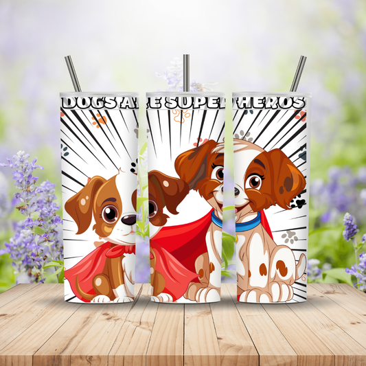 Two cartoon dog figurines with superhero costumes on a wooden surface with a blurred floral background. Miss Mafia
