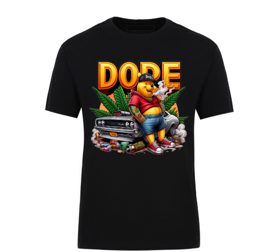 Black t-shirt featuring a bold 'DOPE' graphic with a tattooed bear in streetwear, leaning against a muscle car surrounded by smoke, weed leaves, and urban details.