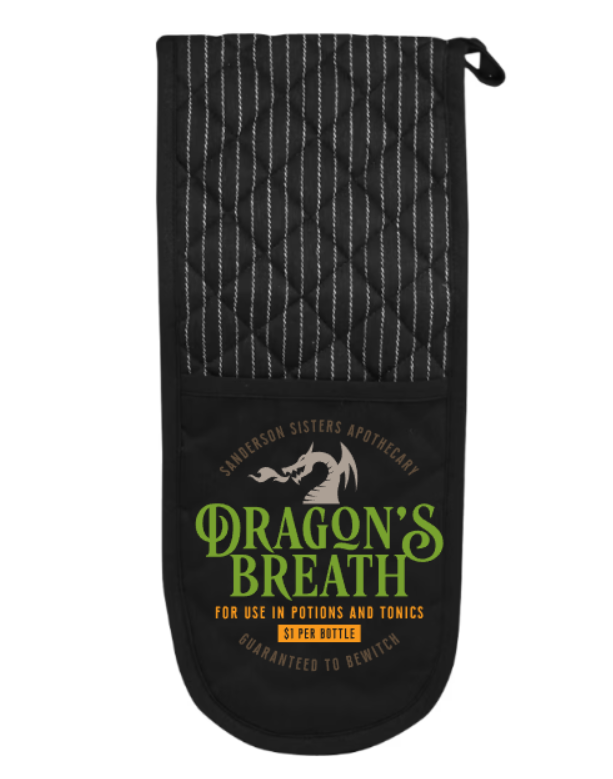 Black oven mitt with 'Dragon's Breath' text and branding on a white background