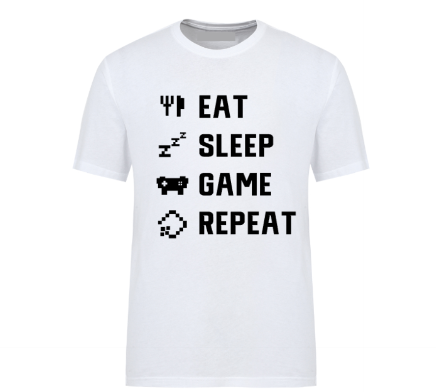 White t-shirt with white pixel-style text reading "Eat Sleep Game Repeat" alongside gaming and sleep icons, perfect for gamers.