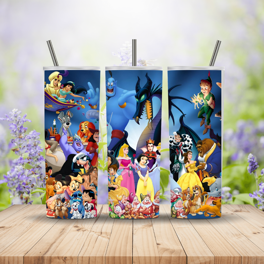 20oz stainless steel tumbler featuring a vibrant collage of animated fairytale characters including princesses, magical creatures, and classic animals on a deep blue background, surrounded by colourful details and whimsical energy. Miss Mafia