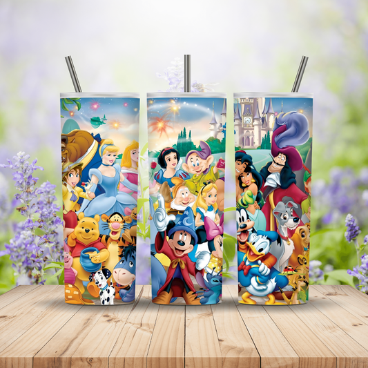 Three colourful cans with cartoon characters on a wooden surface with a blurred nature background