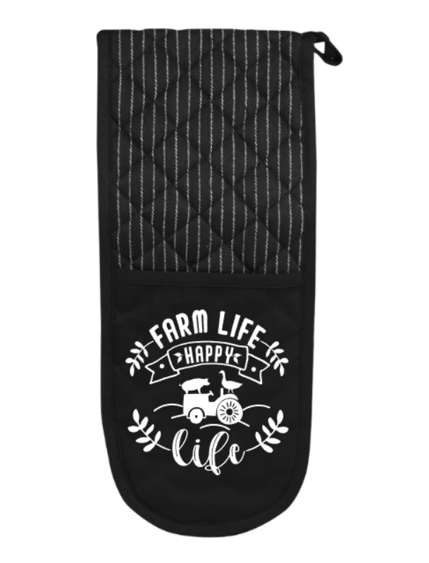 Black oven mitt with quilted pattern and 'Farm Life Happy Life' text on a white background