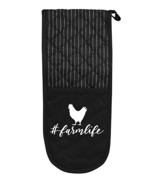 Black oven mitt with white '#farmlife' text and chicken silhouette on a white background