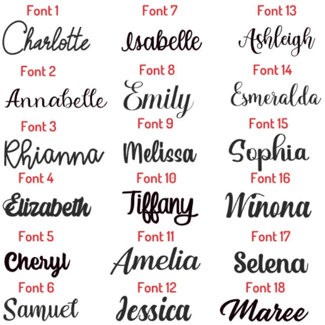 List of names with different fonts on a white background