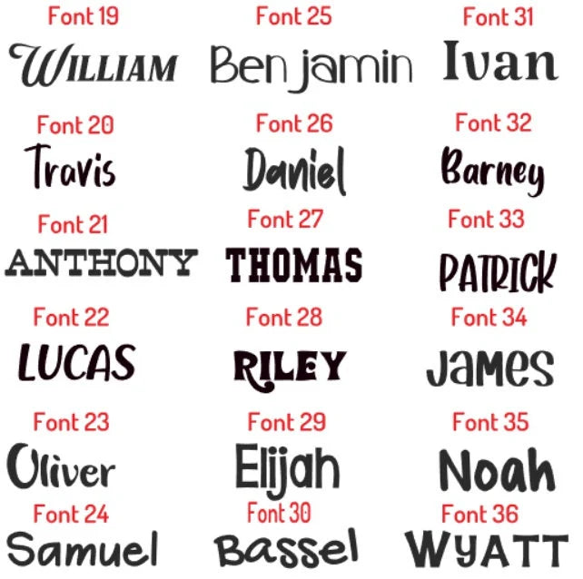 List of names with different fonts on a white background