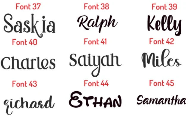 List of names with different fonts on a white background