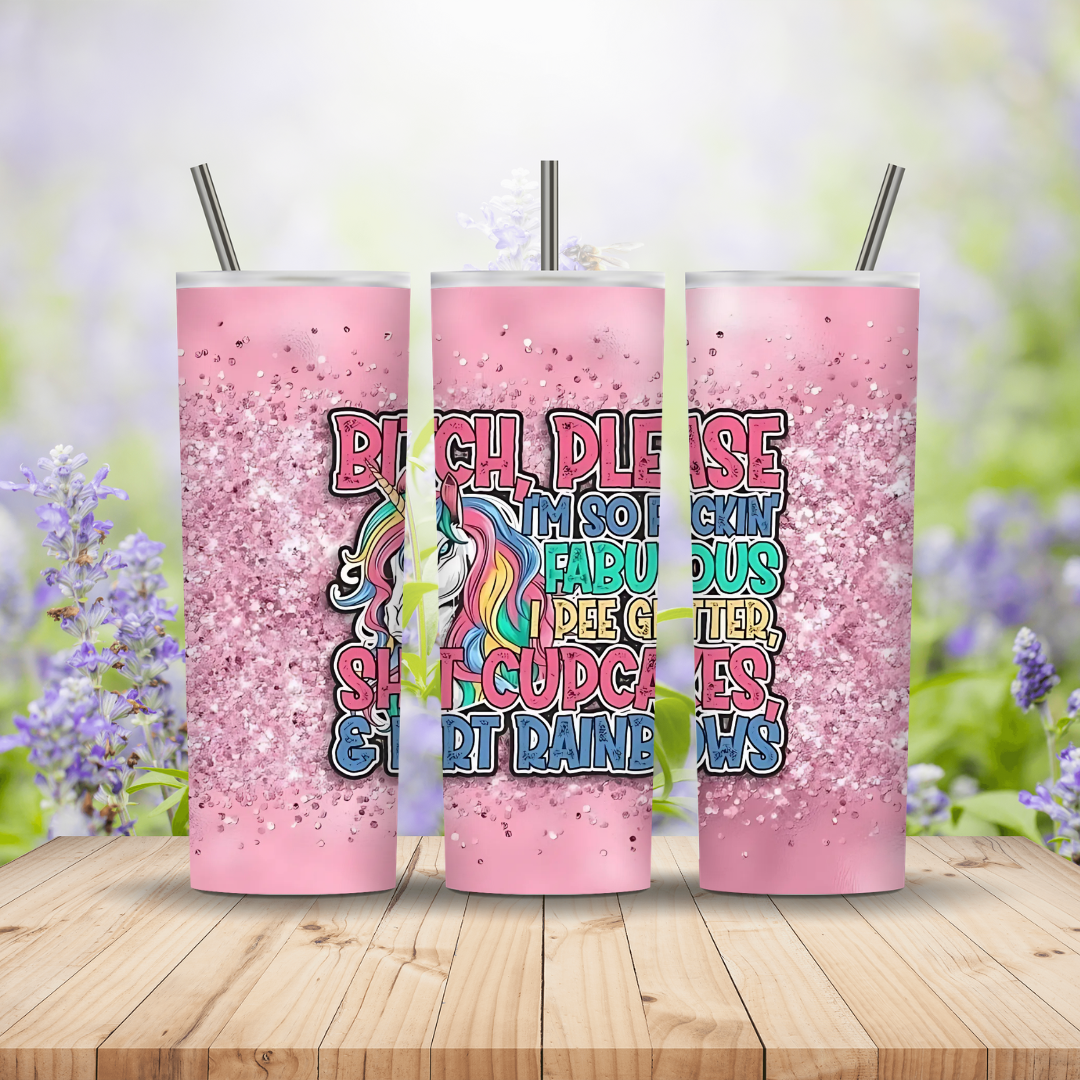 three pink tumblers with glitter and printed words on a wooden background