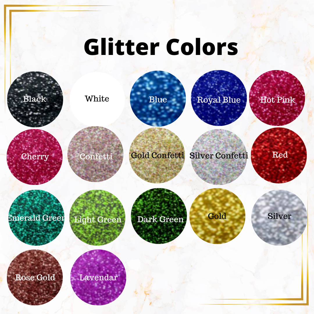 Glitter vinyl colour chart featuring 16 labelled swatches including Black, Royal Blue, Confetti, Hot Pink, Gold, and more on a marble background.