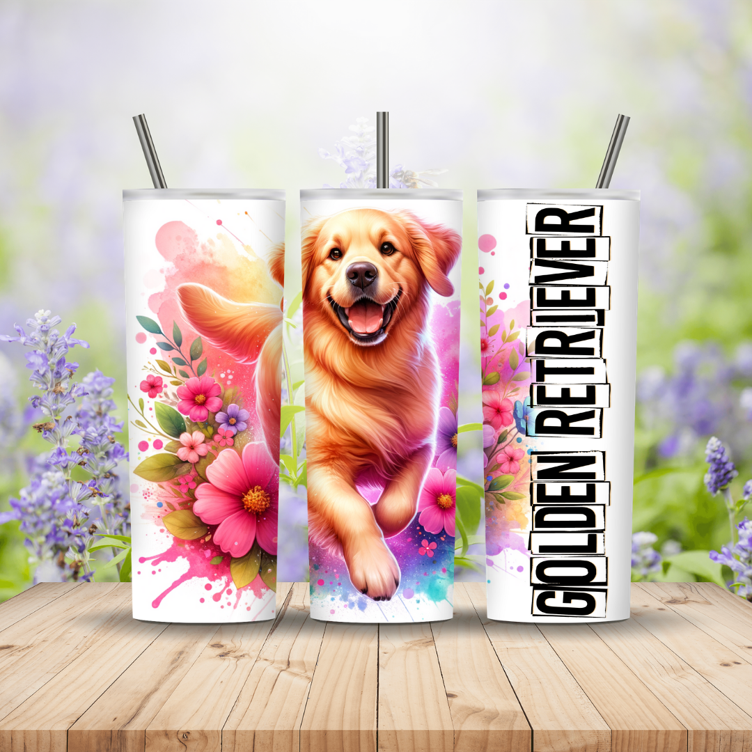 Three tumblers with a Golden Retriever design on a wooden surface with a blurred floral background.