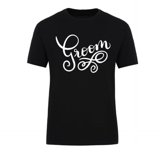 Black t-shirt with bold black text that says “Groom,” ideal for weddings, bachelor parties, and bridal party celebrations