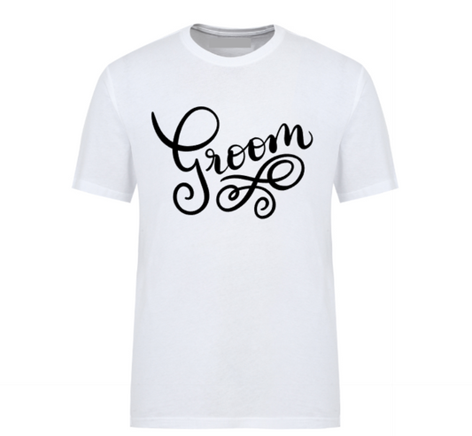 White t-shirt with bold black text that says “Groom,” ideal for weddings, bachelor parties, and bridal party celebrations