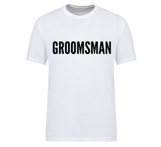 White unisex t-shirt with the word “Groomsman” printed in bold font – ideal for wedding parties and bachelor celebrations.