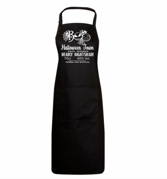 Black apron with white text and graphics on a white background