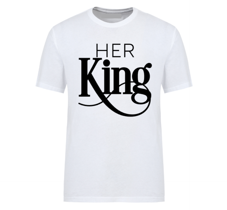 White unisex t-shirt featuring the phrase “Her King” in bold font with a crown graphic, part of a couples matching set.