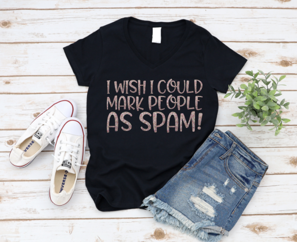 Black t-shirt with 'I wish I could mark people as spam!' text, paired with white sneakers and denim shorts on a wooden surface. www.missmafia.com