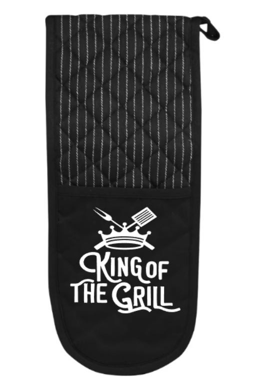 Black oven mitt with 'King of the Grill' text and design on a white background