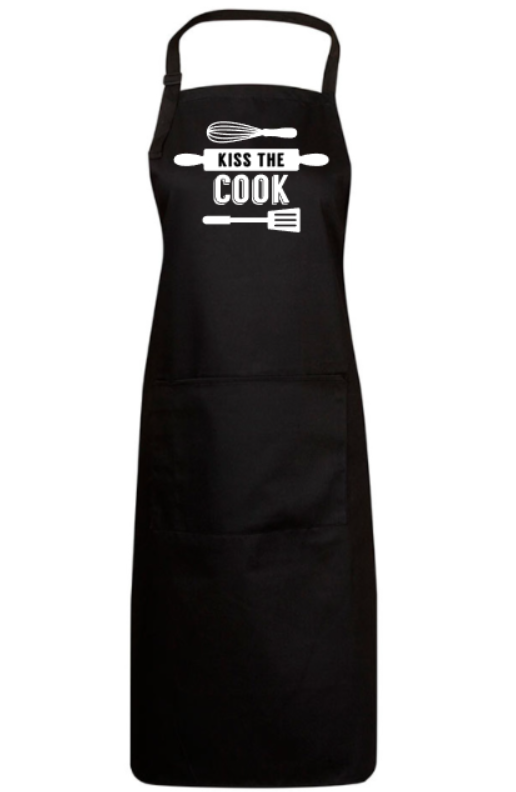 Black apron with 'Kiss the Cook' text and utensil graphics on a white background