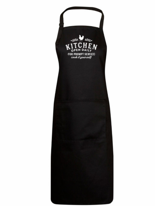Black apron with white text on a white background