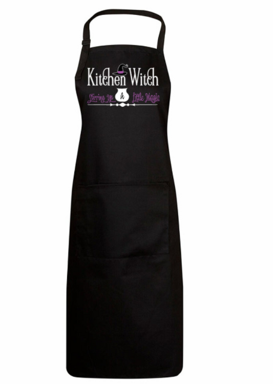 Black apron with 'Kitchen Witch' text and cat graphic on a white background