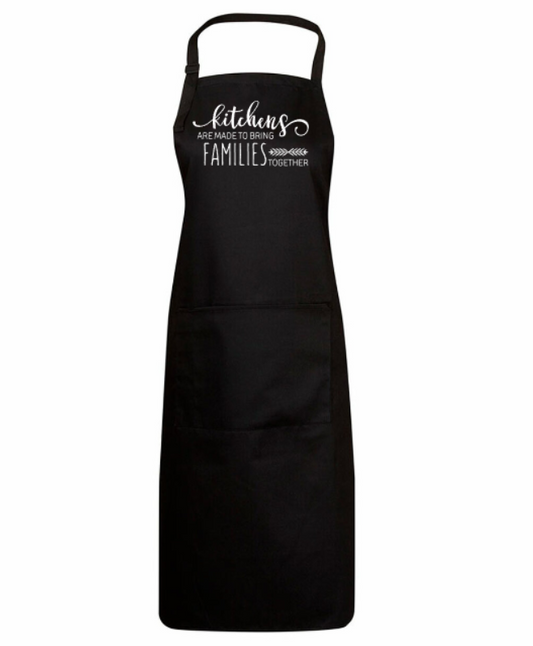 Black apron with white text on a white background