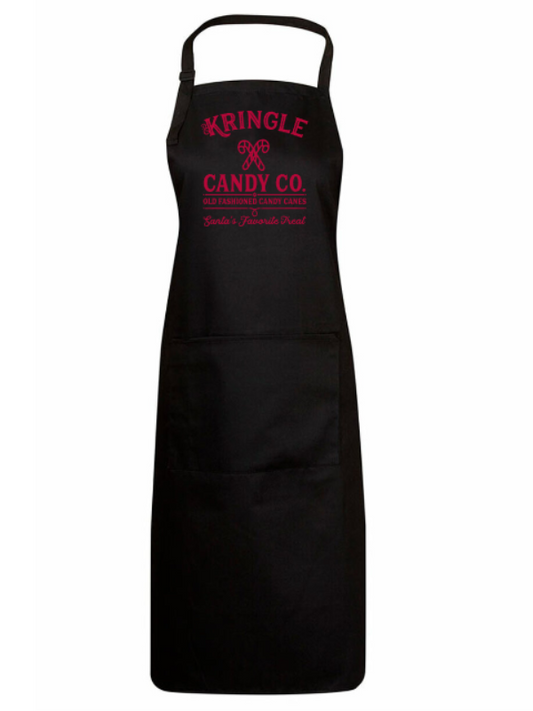 Black apron with red text on a white background