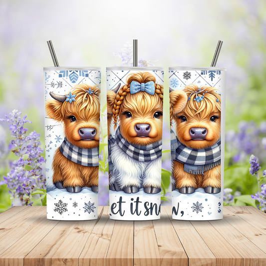 Three tumbler designs featuring a cow with a bow and plaid scarf on a wooden surface with a blurred floral background.