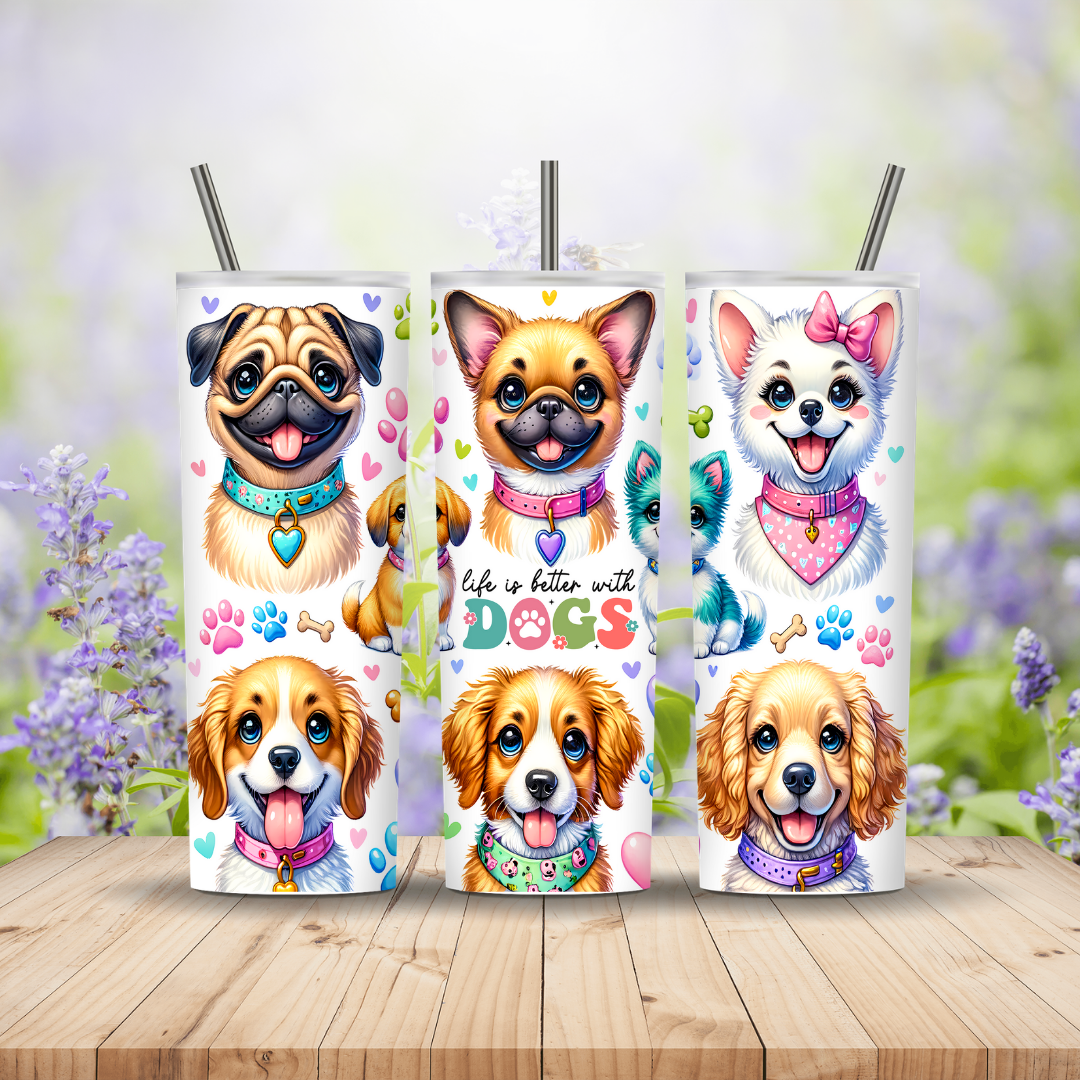 Three tumblers with dog illustrations on a wooden surface with a floral background Miss Mafia