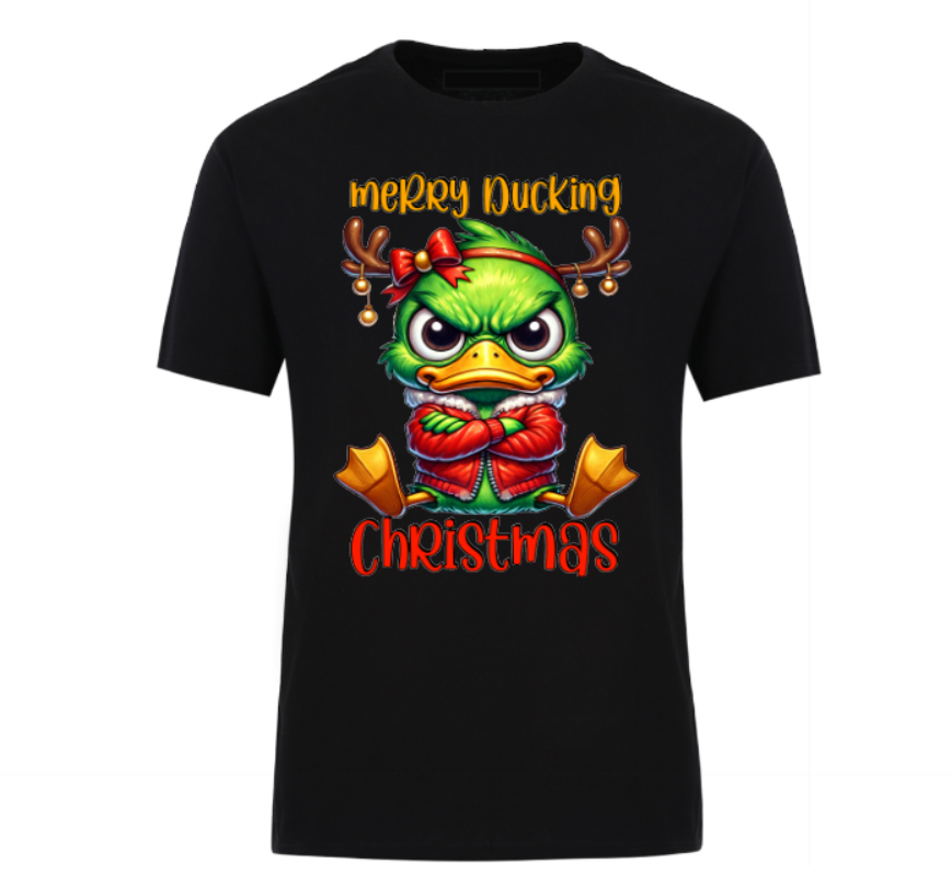Unisex black t-shirt with “Merry Ducking Christmas” text and a grumpy cartoon duck wearing a Santa hat, designed for those who love sarcastic holiday humour.