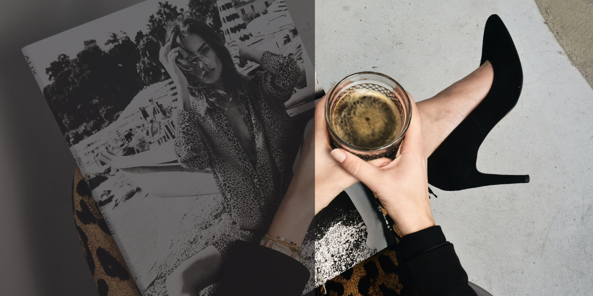 a person holding a coffee in a glass reading a fashion book with her legs crossed. She is wearing an animal print skirt and has black closed in toe heels on