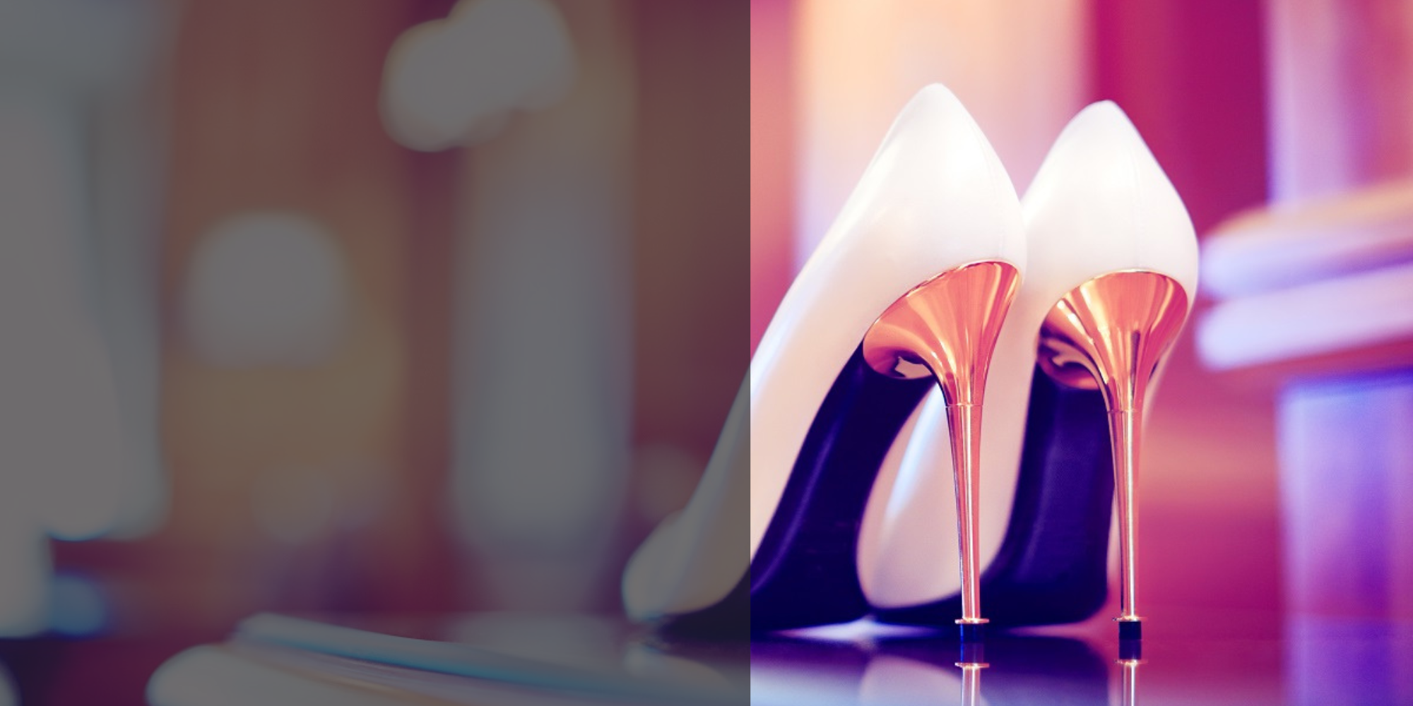 Pair of white high heel shoes with a gold heel in a bright pink background