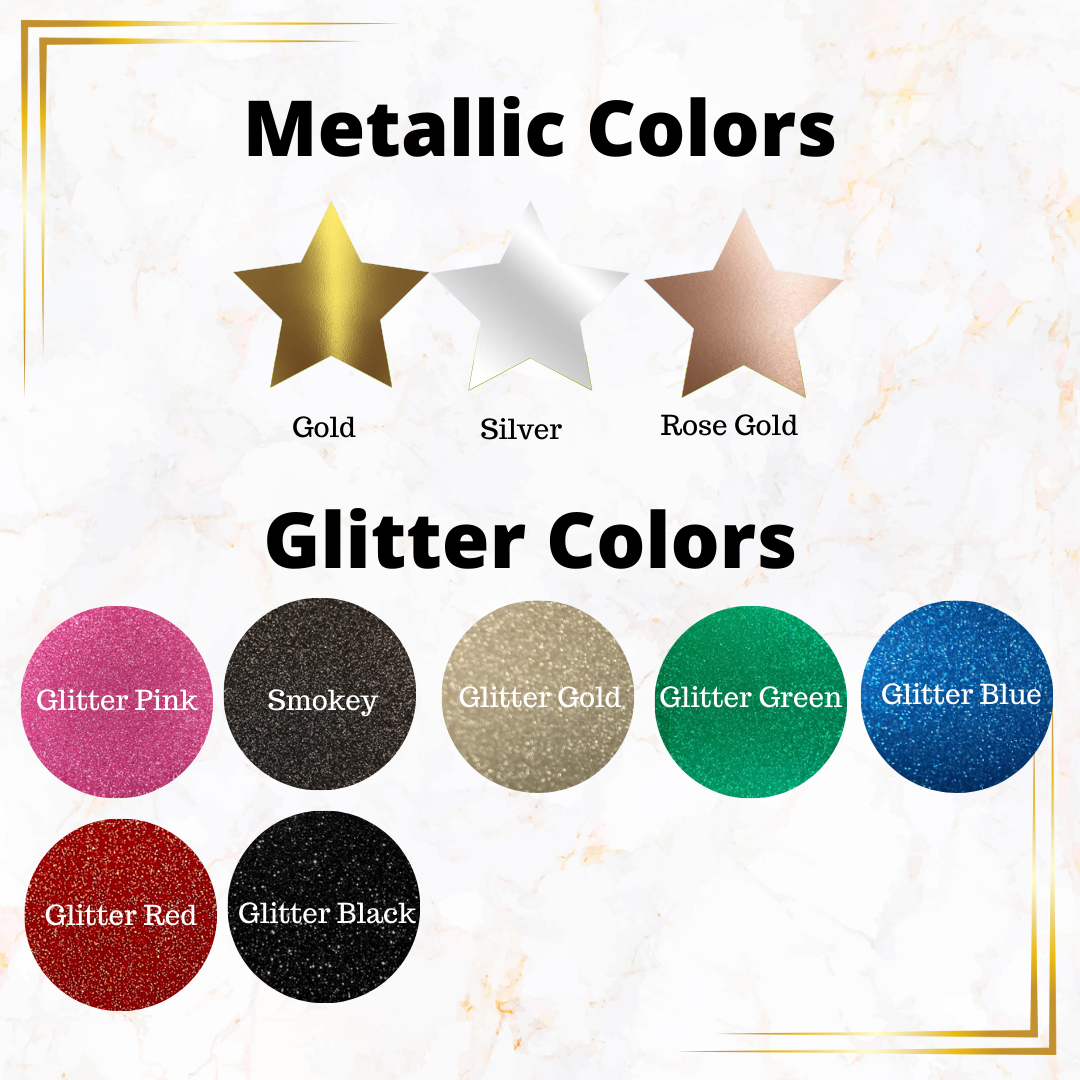 Vinyl color chart featuring three metallic options (Gold, Silver, Rose Gold) and seven glitter colors: Glitter Pink, Smokey, Glitter Gold, Glitter Green, Glitter Blue, Glitter Red, and Glitter Black. Used for Miss Mafia custom tumblers and accessories.